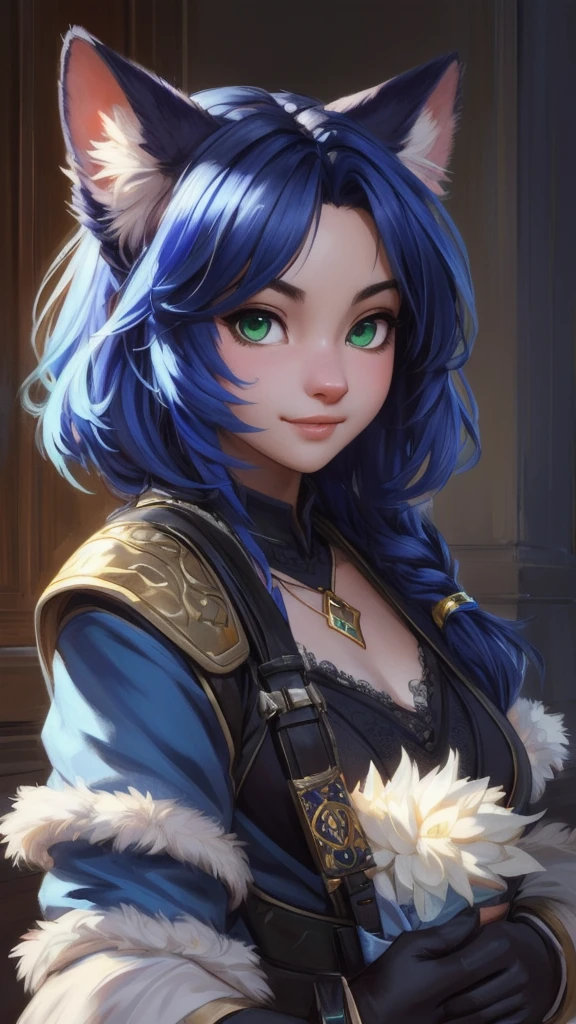 A beautiful and detailed (sweet portrait) von ((Krystal)), Sternenfuchs Krystal, Schlank, liebenswert, green eyes, medium breasts, (((Lange blaue Haare 1.3))), ((schwarze haarspitzen)), Dekollete, Grinsen, hoch schauen,, anthro, Pelzig, Hochgeladen E621, detailed flauschige fur, (von Fluff-Kevlar, Bayard Wu, Personalami, Pino Daeni), detailliertes Gesicht, (flauschige), 1 girl, Allein, Stammes-Kleidung, sweet girl,