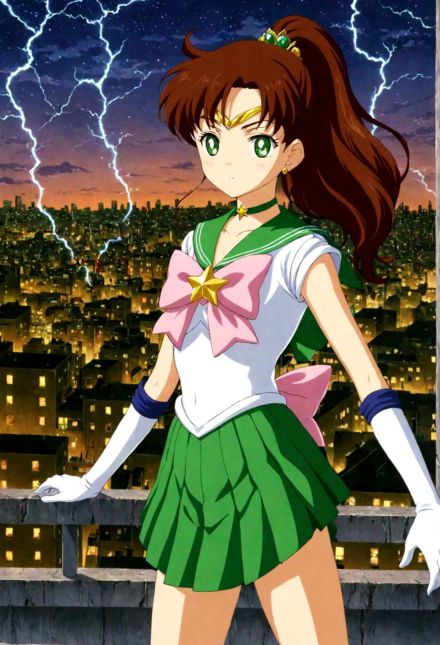 masterpiece, best quality, 1girl, solo, looking at viewer, facing viewer, night, rooftop, city, cityscape, anime screencap,1990s \(style\), (art by Naoko Takeuchi), EPsmSailorJupiter, green eyes, brown hair, long hair, ponytail, hair ornament, hair bobbles, brooch, heart brooch, jewelry, tiara, choker, green choker, star choker, skirt, green skirt, pleated skirt, bow, back bow,  pink bow,  gloves, white gloves, elbow gloves, earrings, sailor collar, star (symbol), green sailor collar, sailor senshi uniform, determined face, about to fight, lighting bolts shooting from her tiara