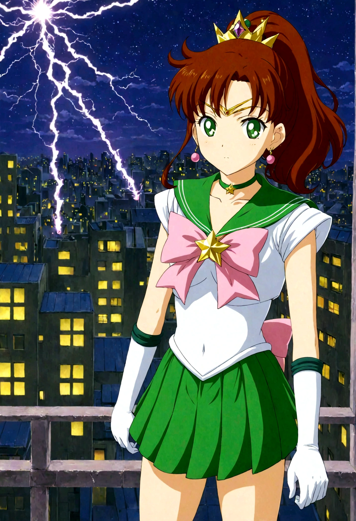 masterpiece, best quality, 1girl, solo, looking at viewer, facing viewer, night, rooftop, city, cityscape, anime screencap,1990s \(style\), (art by Naoko Takeuchi), EPsmSailorJupiter, green eyes, brown hair, long hair, ponytail, hair ornament, hair bobbles, brooch, heart brooch, jewelry, tiara, choker, green choker, star choker, skirt, green skirt, pleated skirt, bow, back bow,  pink bow,  gloves, white gloves, elbow gloves, earrings, sailor collar, star (symbol), green sailor collar, sailor senshi uniform, determined face, about to fight, lighting bolts shooting from her tiara