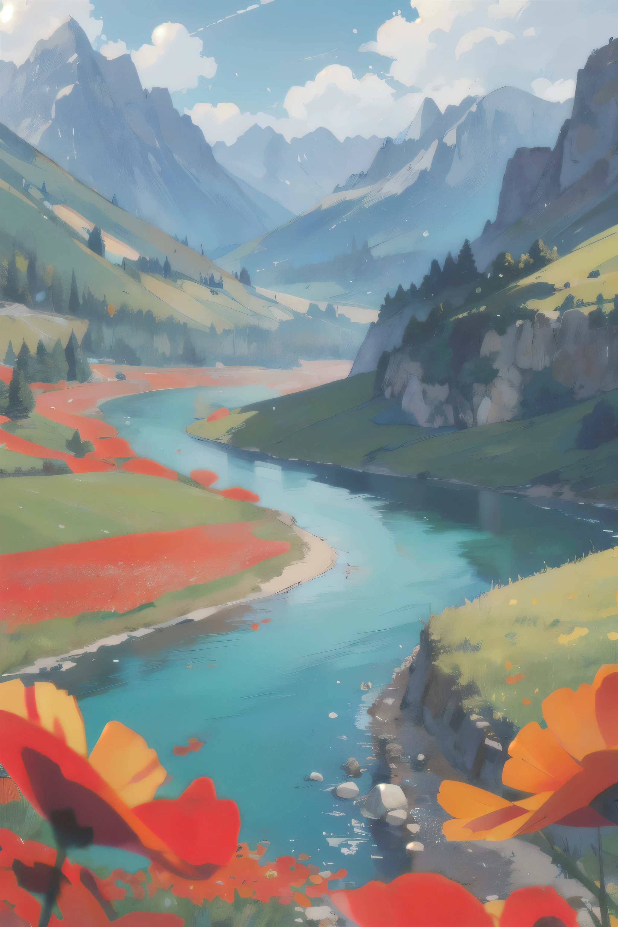 ((Best quality)), ((masterpiece)), (detailed), France,Provence,Mountain landscape,Mountains,River,field of poppies,close-up,Boke,