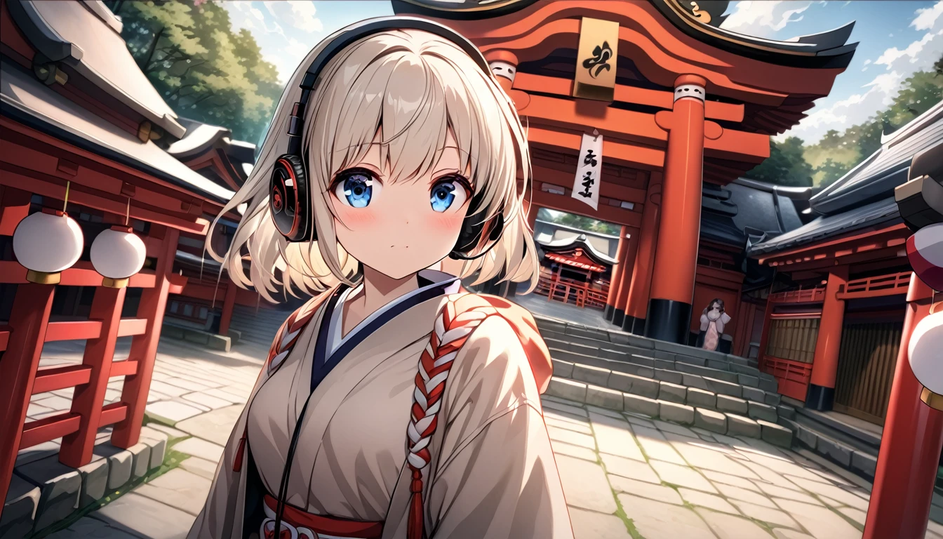 highest quality, Ultra-high resolution, One Girl, Kyoto、Inari Shrine、cute,(Platinum Blonde Hair:1), ((Puffy eyes)), View Audience(Depth of Field HDR 8K 4K Wallpaper Cinematic Angle, Outdoor、headphone,listen to music