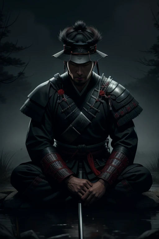 Samurai sitting in the misty moonlight 2048 x 1152 pixels