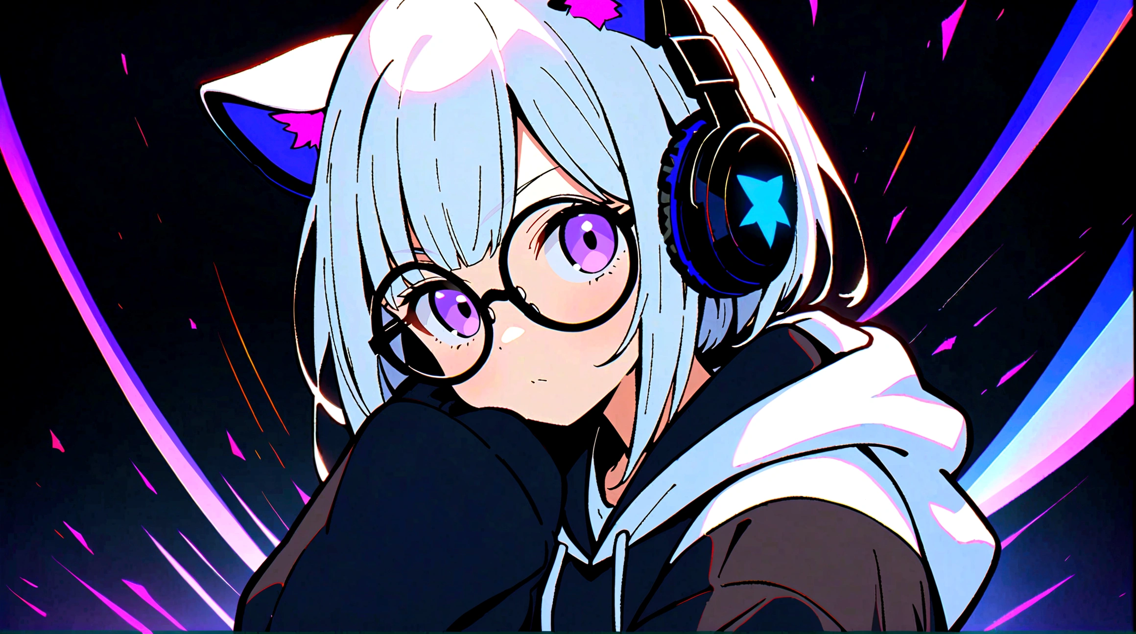1girl,portrait, Anime style, White Short hair, Big Cat Ears, Black Headphones, Purple Eyes, Round Glasses, Black Oversized hoodie, White Sleeves, White long T-shirt sticking out on the bottom, dark blue denim Jeans, high res, ultrasharp, 8K, masterpiece, Hero pose