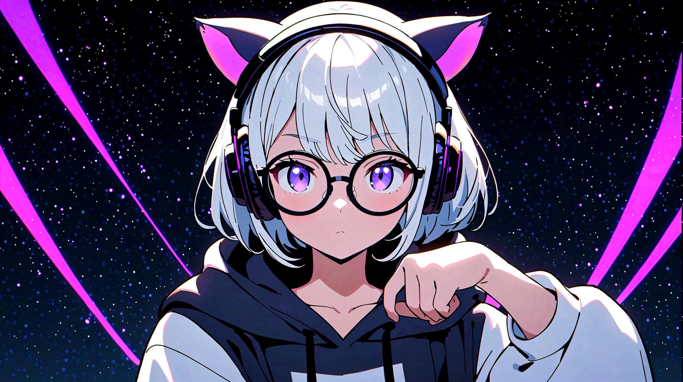 1girl,portrait, Anime style, White Short hair, Big Cat Ears, Black Headphones, Purple Eyes, Round Glasses, Black Oversized hoodie, White Sleeves, White long T-shirt sticking out on the bottom, dark blue denim Jeans, high res, ultrasharp, 8K, masterpiece, Hero pose