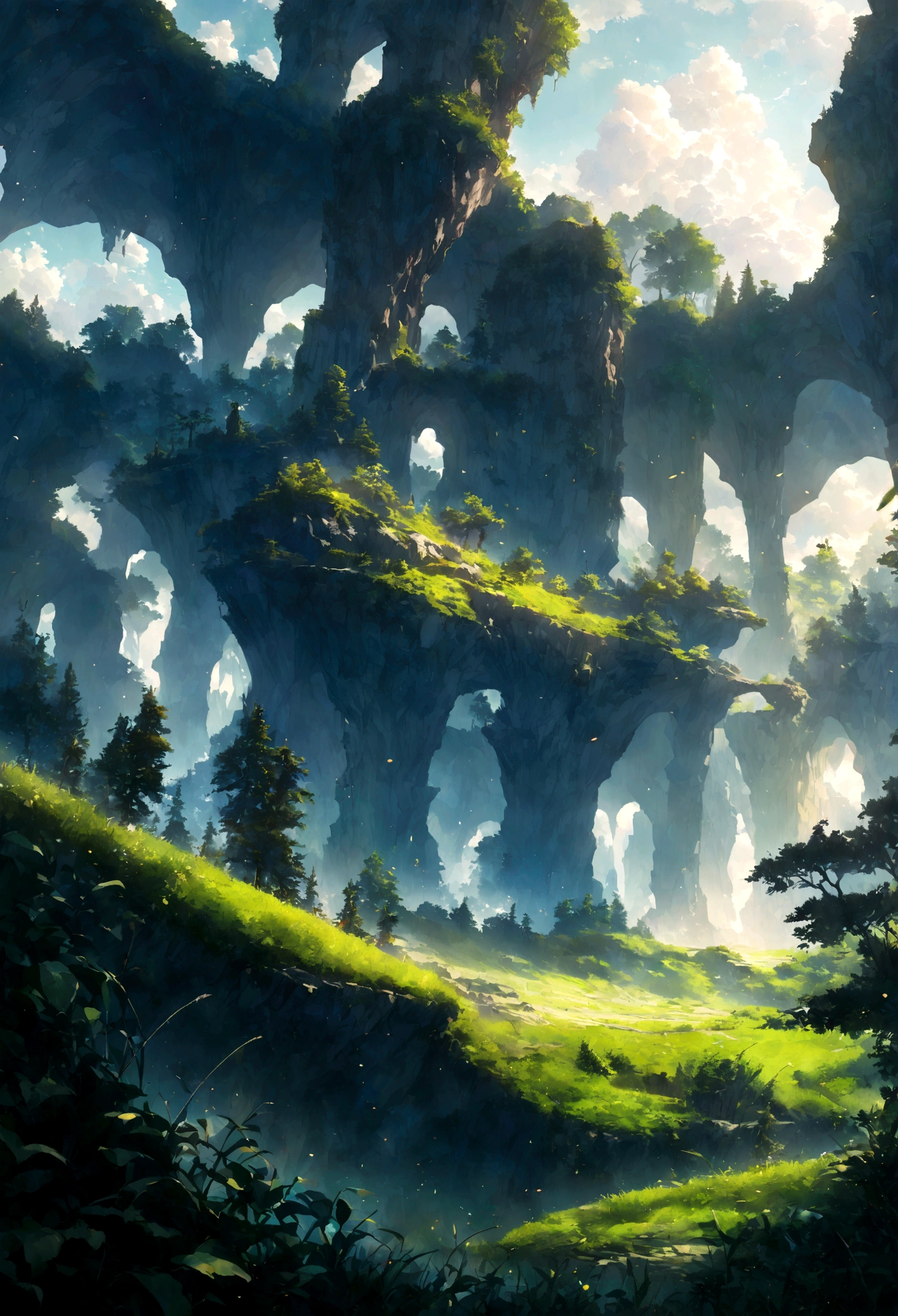 Vast land,Weird literature,Brilliant colors,Starry sky dots,Several harmonious clouds,Overlooking,sheer cliffs,Forest grass,exuberant,Strong perspective,Strong depth,A strong sense of depth and closeness,Strange graphics,Strong impact,Strong sense of color,Sense of dark light,Photographic vistas