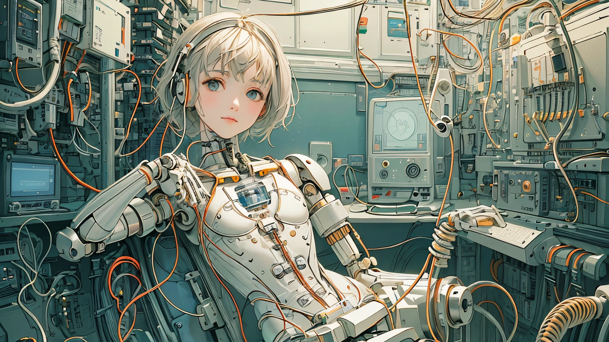 (((masterpiece))), (((highest quality))), ((Super detailed)), (Detailed CG illustration), ((very delicate and beautiful)),(cute delicate face),cinematic light,((1 mechanical girl)),alone,full body,(machine made joint:1.4),((mechanical limbs)),(exposed muscles),(blood vessels connected to tubes),(brain in a container:1.3),((mechanical spine attached to the back)),((Mechanical cervical spine attached to the neck)),((sitting)),No expression,(Wires and cables attached to the head and body:1.5),small breasts,short hair,(character focus),SF