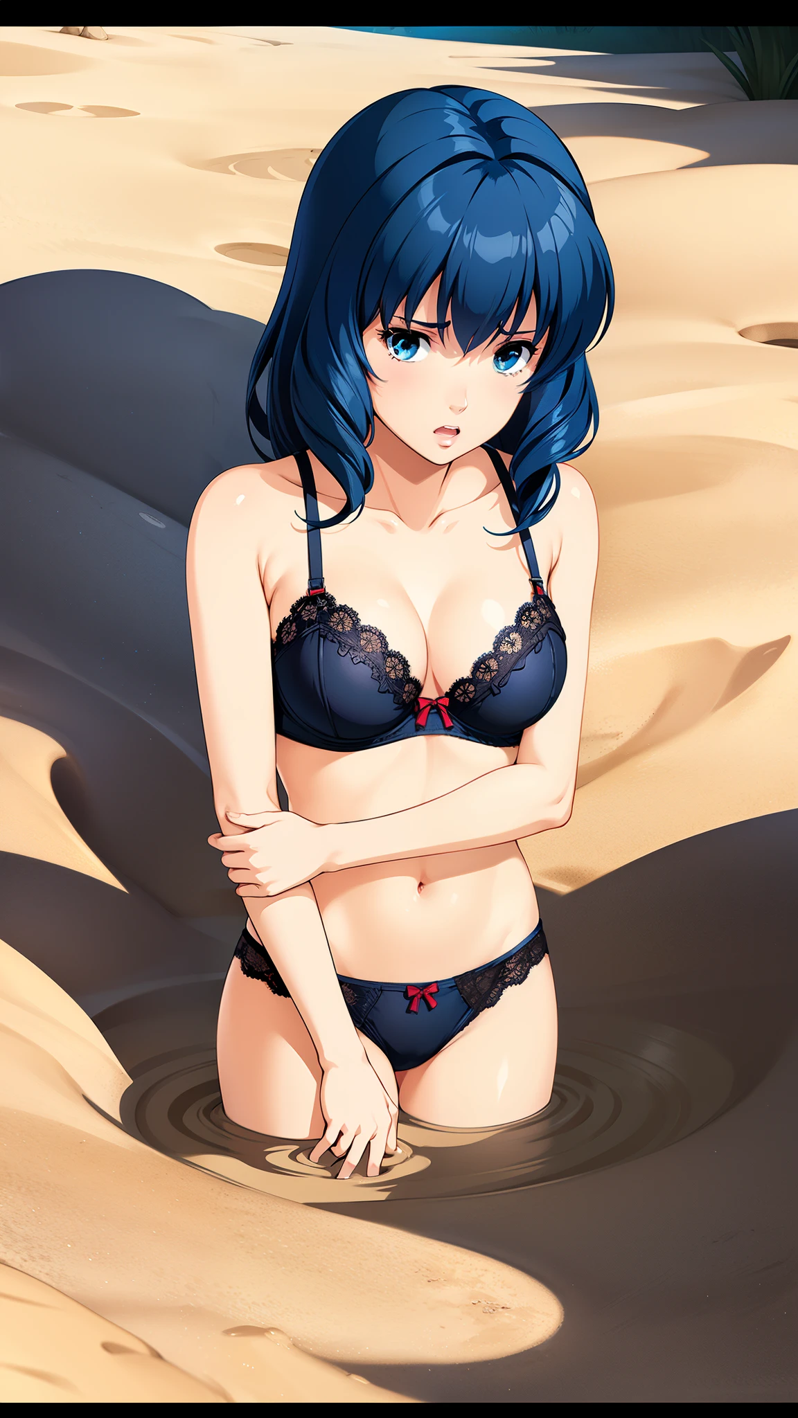 LynnMinmay, 1girl, solo, black hair, cowboy shot, ultra-detailed, best quality, masterpiece, illustration, game cg, lace bra, (upset), (quicksand:1.3)