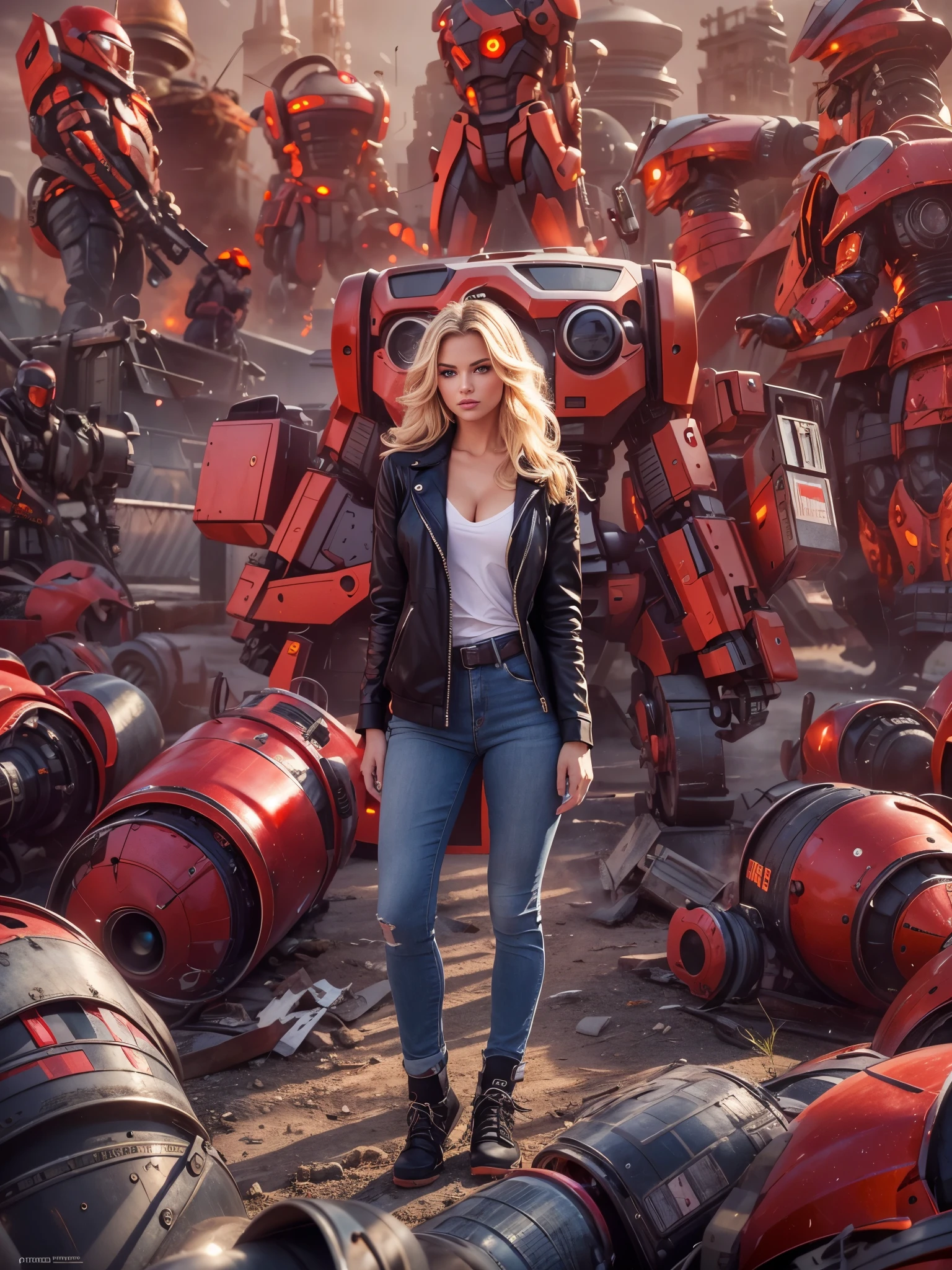 (Masterpiece.uhd.photorealistic).((Fisheye 5mm lens)) ((high angle shot))One ultra hot gorgeous European woman. Age 23. She’s a playmate and men magazine model.blonde wavy hair. High quality,Movie Light, full body, she’s standing in front of (a giant robot:1.3),she wears red shorts and black jacket, flirts with camera.early morning light.