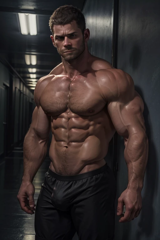 1 man, solo, 35 year old, Chris Redfield, serious face, looking at the camera, tall and hunk, biceps, abs, chest, best quality, masterpiece, high resolution:1.2, upper body shot, dark black gloomy hallway with not background, detailed speedo, big underwear bulge