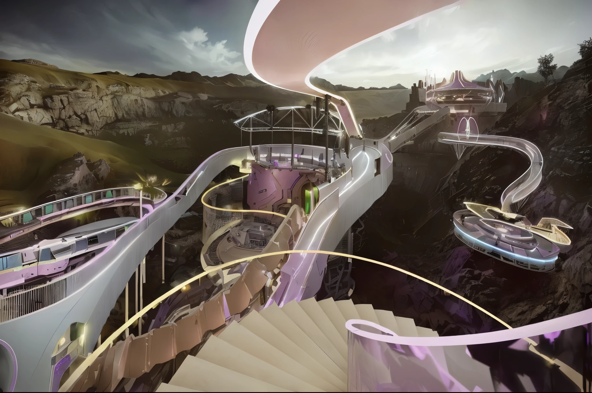 In the mines，Outdoor Amusement Park，Pink and purple fantasy，Illuminated night view，Punk，Valle futurista, Concept Rendering, In the futuristic desert, Futuristic Background, Futuristic architecture concept, Architectural Rendering,Vitality and enthusiasm
