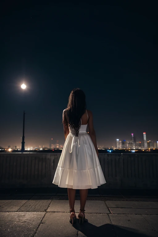 A woman in a white dress wearing a skirt stands alone in desperation, at night, urban, moonlight shines on her