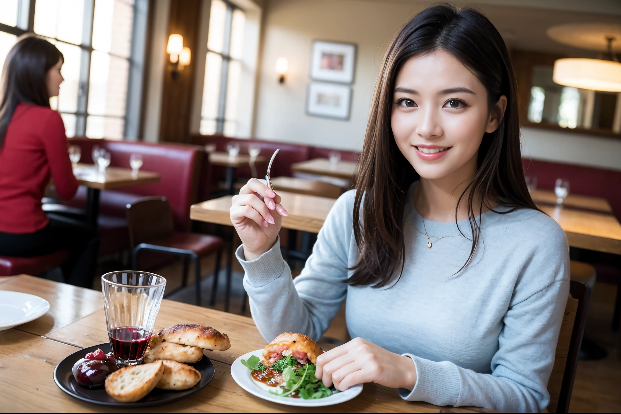 ((highest quality、8k、masterpiece:1.3))、beauty、1 male1 female、Couple、Spouse、half、The body is slim、((Bob Hale、Straight hair:1.2)), (Realistic, Intricate details:1.2), Fullcorse Dinner,Wine glass on the table、Shine light on your face、 Amazing view of the sunset sky and clouds、A bright smile、The wonderfulness of smile、Bright image、The beauty of wine, Beautiful Face, blue eyes, The light shines on your face, Blushing, short hair,Bright Face、 (Age 45), 39 years old, red wine 、Appetizers、Italian food、Wine bottle、Champagne、sparkling wine、Two beauties、Brown Hair、Shortcuts、Long sleeve shirt、dress、Pretty Woman 1, (Slim face), (The body is slim), (Brown Hair), (Shortcuts), cheeks turn a little red,Attractive beauty、restaurant, In a prominent place (From the waist up) Nova Frog Style, actress, model, Upper Body, White wine, slim, wine glass, A wine glass placed in the center, smile, (smile: 1.15), Beautiful fine grain, Depth f/2,saturation, High Contrast, Strong light and shadow,Moist Body:1.5、3D texture、Delicate eyes、Brown Hair、The hair is very shiny、