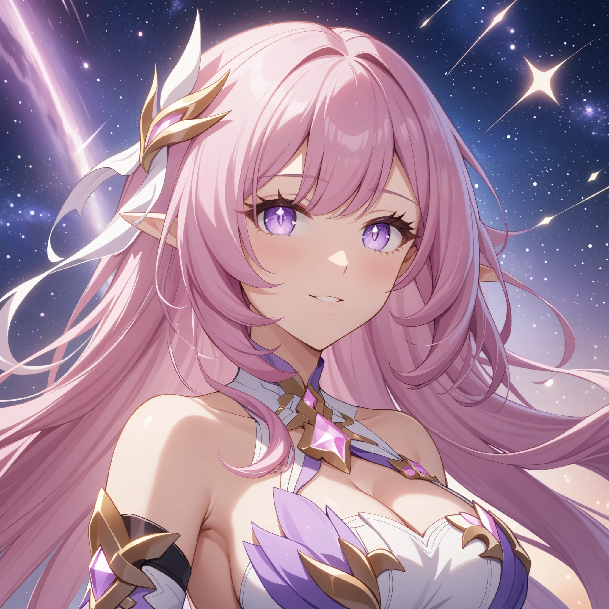 ai-generated,very aesthetic,1girl,elysia_/(herrscher_of_human:ego/)_/(honkai_impact/),pointed_ears,pink_hair,dreamy anime fantasy background,raytracing,light purple eyes,pink diamond pupils,floating,light particles,dsmile,starry sky, shooting stars,celestial,intricate,large breasts,long eyelashes,goddess,(best quality,4k,8k,highres,masterpiece:1.2)