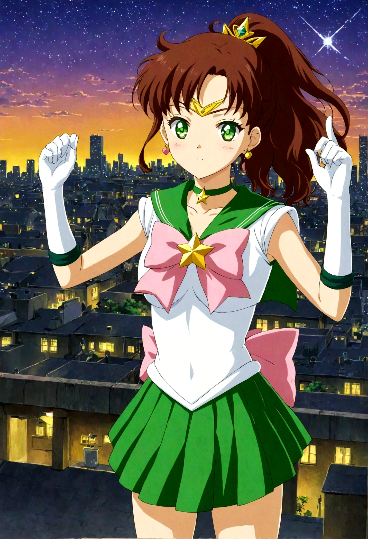 masterpiece, best quality, 1girl, solo, looking at viewer, facing viewer, night, rooftop, city, cityscape, anime screencap,1990s \(style\), (art by Naoko Takeuchi), EPsmSailorJupiter, green eyes, brown hair, long hair, ponytail, hair ornament, hair bobbles, brooch, heart brooch, jewelry, tiara, choker, green choker, star choker, skirt, green skirt, pleated skirt, bow, back bow,  pink bow,  gloves, white gloves, elbow gloves, earrings, sailor collar, star (symbol), green sailor collar, sailor senshi uniform, determined face, hands in the air, standing ready to fight, lighting bolts shooting from her tiara