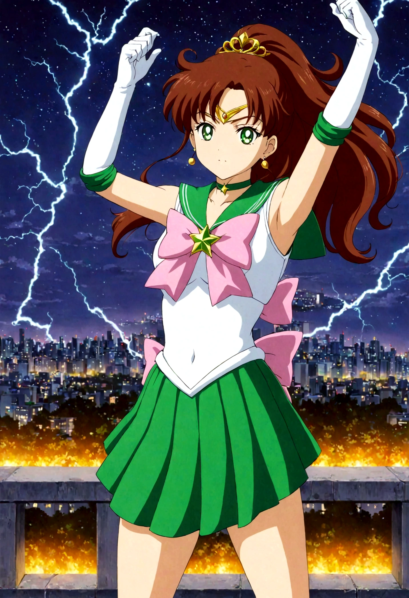 masterpiece, best quality, 1girl, solo, looking at viewer, facing viewer, night, rooftop, city, cityscape, anime screencap,1990s \(style\), (art by Naoko Takeuchi), EPsmSailorJupiter, green eyes, brown hair, long hair, ponytail, hair ornament, hair bobbles, brooch, heart brooch, jewelry, tiara, choker, green choker, star choker, skirt, green skirt, pleated skirt, bow, back bow,  pink bow,  gloves, white gloves, elbow gloves, earrings, sailor collar, star (symbol), green sailor collar, sailor senshi uniform, determined face, hands in the air, standing ready to fight, lighting bolts shooting from her tiara