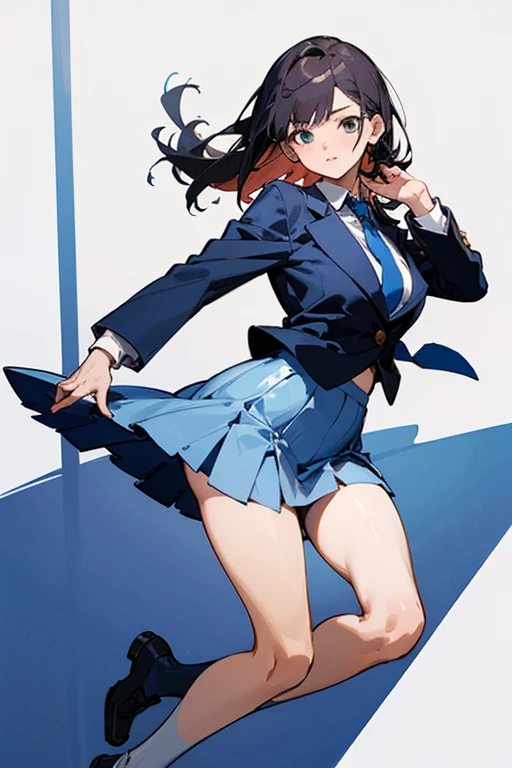 Marin kitagawa a female high schooler, blue skirt with deep blue check, long skirt, knee level short skirt, black transparent leg stockings, neck band, long white shirt sleeve folded up, with tie, blazer waist level. Bust size 99 cm, waist size 38 cm, hip 58 cm
