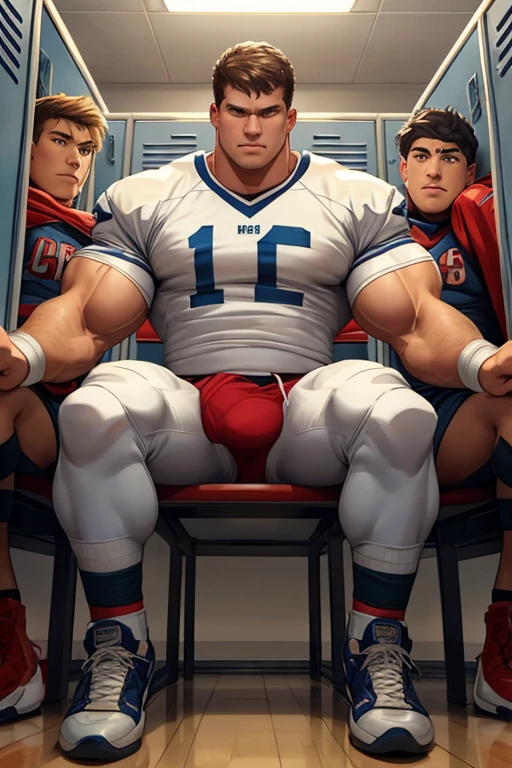 Three students sit on chairs with restraints with helmets over their heads that pulse with spirals and energy in a locker room. Hypnotized. Brainwashed. Assimilation. High school football team. Blank stare. dull eyes. unfocused gaze. Mouth hanging open. Drooling. Locker room. Football uniform. Cleats. Massive muscles. Hyper muscle. Bulging crotch. Massive crotch bulge. Hyper crotch bulge. Repeating affirmations, "Bigger.... Dumber.... Flex.... Obey.... Bigger... Dumber.... Run coach's play... Bigger.... Dumber.... A jock boy I'll stay...." Bro. Hypnosis. Brainwashing. IQ drain. Group exercise. Brute. Dumber. Crass. Dumb bro. Dumber and dumber. Deep voices. Hypnotic helmet. Brainwashed. "One of us.... Big dumb jock.... One of us.... Big dumb jock.... Bigger and dumber.... Bigger... and dumber.... Uhhhhh.... Huhuh...." Growing muscles. Tearing out of clothes.