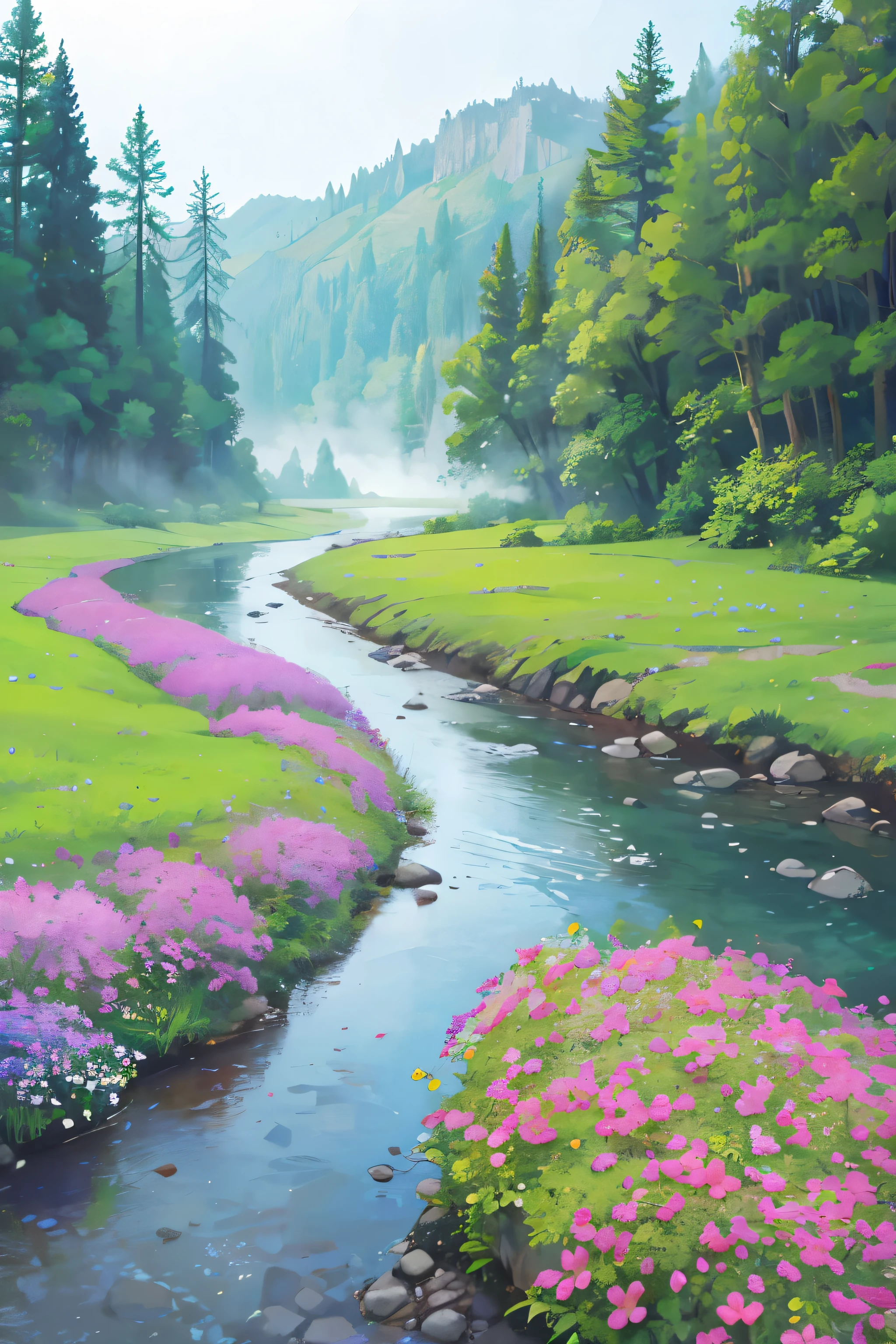 beautiful nature misty river view flowers