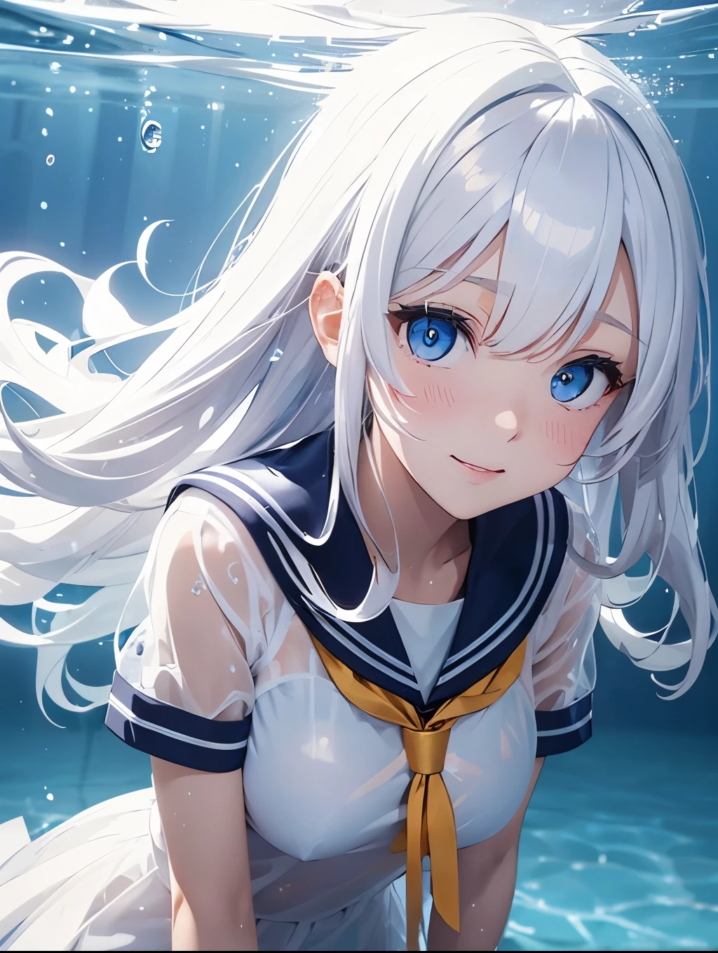 (see-through:1.3),white serafuku,sailor dress, white theme,, sailor suit, looking at viewer, insanity, messy long hair, beautiful detailed eyes,Hair glows,dramatic angle,blue sailor collar, perky breasts,light smile,partially underwater shot...