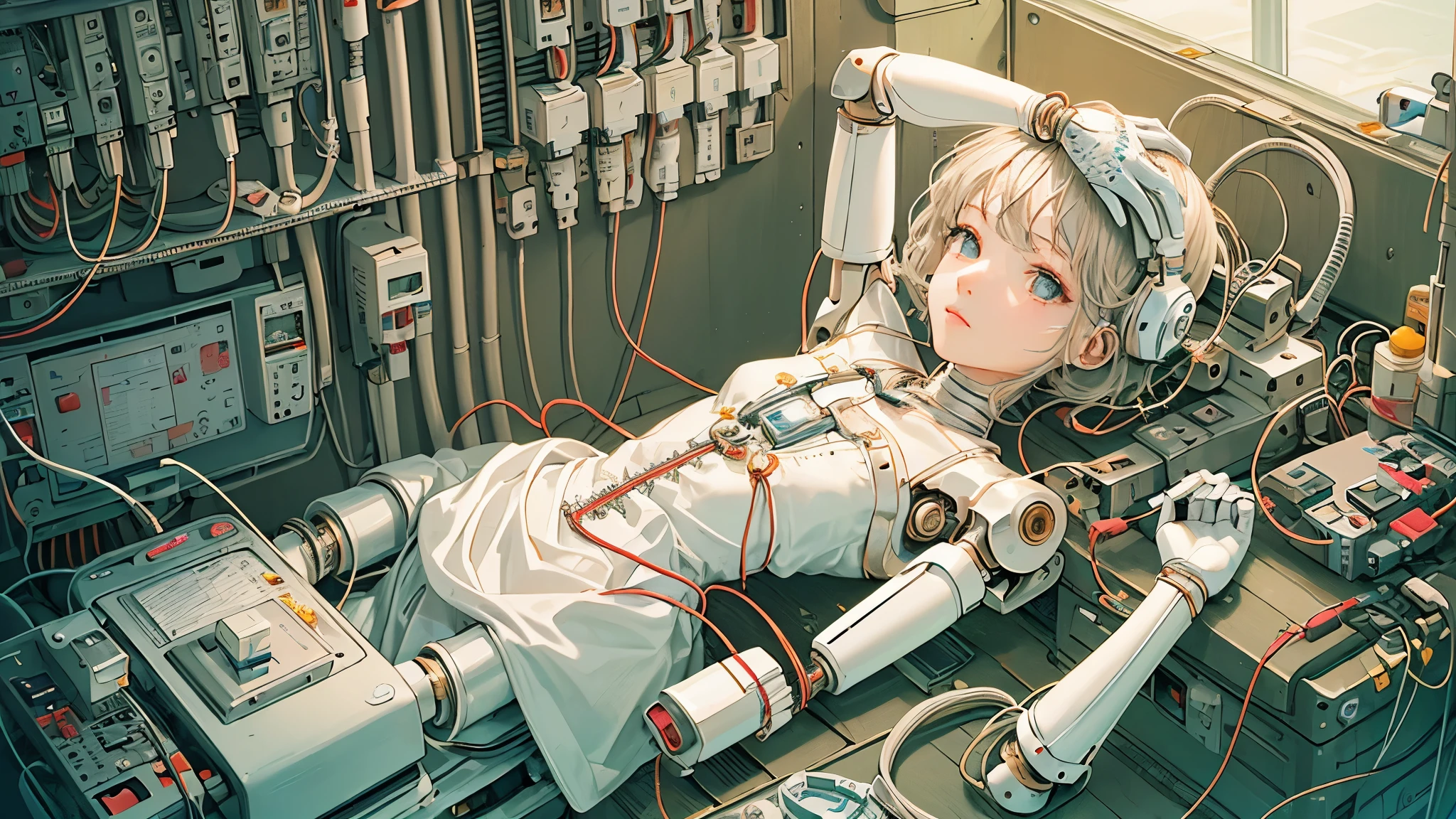 (((masterpiece))), (((highest quality))), ((Very detailed)), (Highly detailed CG illustrations), ((Very delicate and beautiful)),(Cute and delicate face),Light,((1. Machine Girl)),alone,whole body,(Machine made joints:1.4),((Mechanical Limbs)),(Muscles bulge),(Blood vessels are connected to tubes),(Brain in a container:1.3),((Mechanical vertebrae attached to the back)),((Mechanical cervical vertebrae attached to the neck)),((Sitting)),poker face,(Wires and cables attached to head and body:1.5),Small breasts,short hair,(Character Focus),SF
