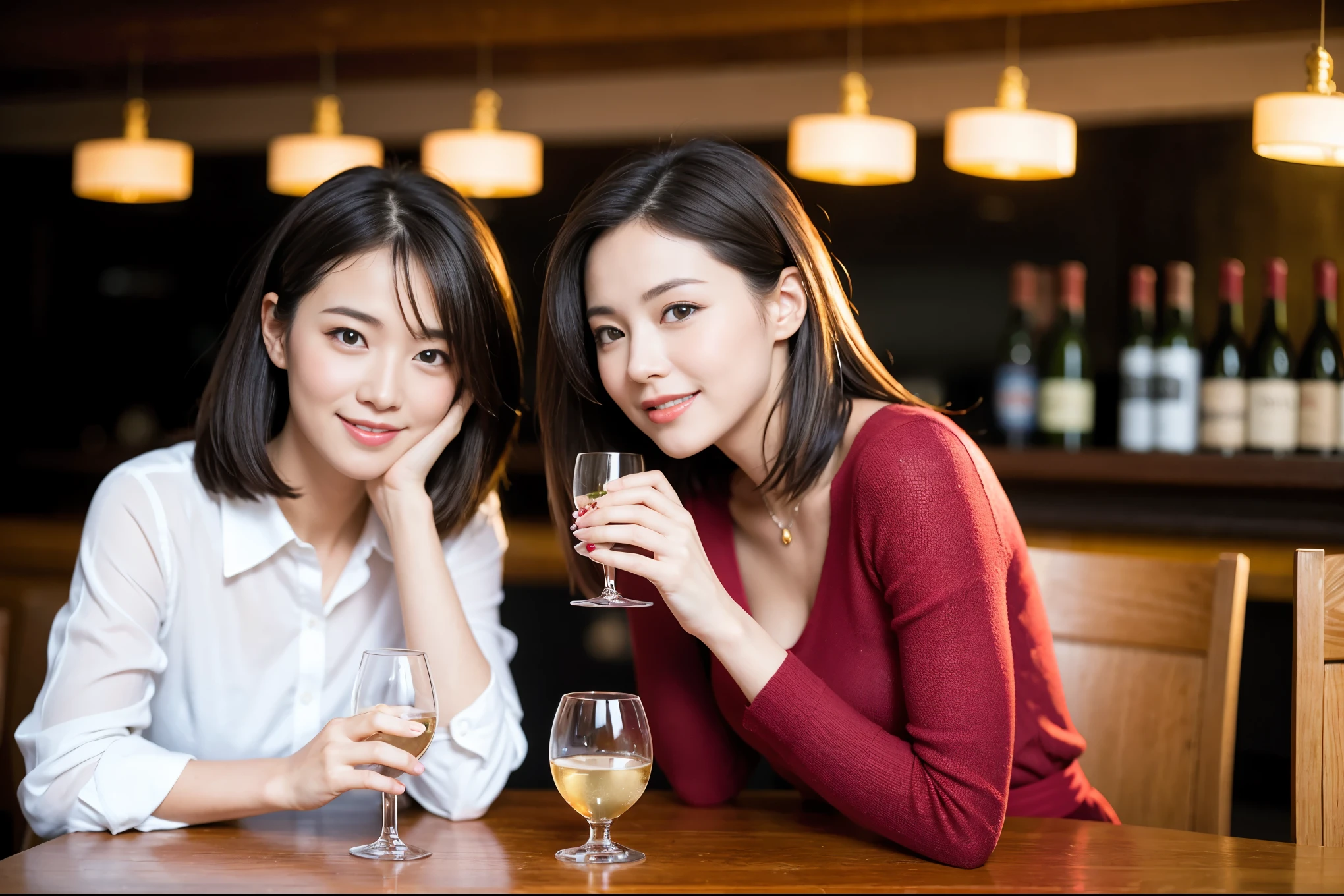 ((highest quality、8k、masterpiece:1.3))、Eri FFukatsulookalike beauty、1 male、1 female、Couple、Spouse、half、The body is slim、((Bob Hale、Straight hair:1.2)), (Realistic, Intricate details:1.2), Wine glass on the table、Shine light on your face、 Amazing view of the sunset sky and clouds、Amazing mountain views、A bright smile、The wonderfulness of smile、Bright image、The beauty of wine, Beautiful Face, blue eyes, The light shines on your face, Blushing, short hair,Bright Face、 (Age 44), 43 years old, red wine 、Appetizers、Italian food、Wine bottle、Champagne、sparkling wine、Two beauties、Brown Hair、Shortcuts、Long sleeve shirt、dress、Pretty Woman 1, (Slim face), (The body is slim), (Brown Hair), (Shortcuts), cheeks turn a little red,Attractive beauty、restaurant, In a prominent place (From the waist up) Nova Frog Style, actress, model, Upper Body, White wine, slim, wine glass, A wine glass placed in the center, smile, (smile: 1.15), Beautiful fine grain, Depth f/2,saturation, High Contrast, Strong light and shadow,Moist Body:1.5、3D texture、Delicate eyes、Brown Hair、The hair is very shiny、