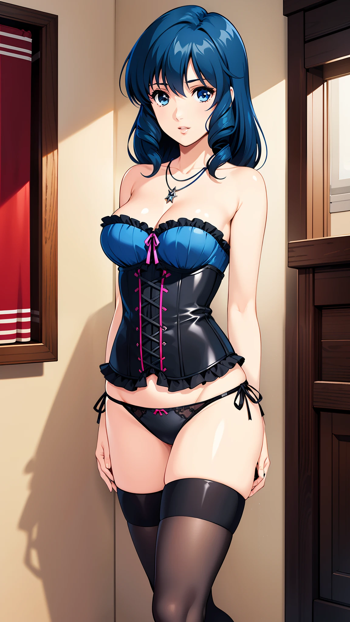 LynnMinmay, 1girl, solo, black hair, cowboy shot, ultra-detailed, best quality, masterpiece, illustration, game cg, strapless corset, thigh highs, panties, necklace