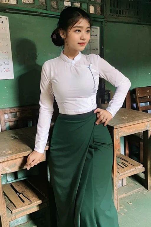 A school teacher is 30years old.Tall, thin, big hips, big breasts, black hair, small lips, brown eyes, attractive, K.Top=white Burmese blouse,With long sleeves,Buttoned at the side.Bottom=(Dark green) long skirt.
Footwear=female Burmese sandals,The hair is knotted bun.In Yangon,Myanmar.