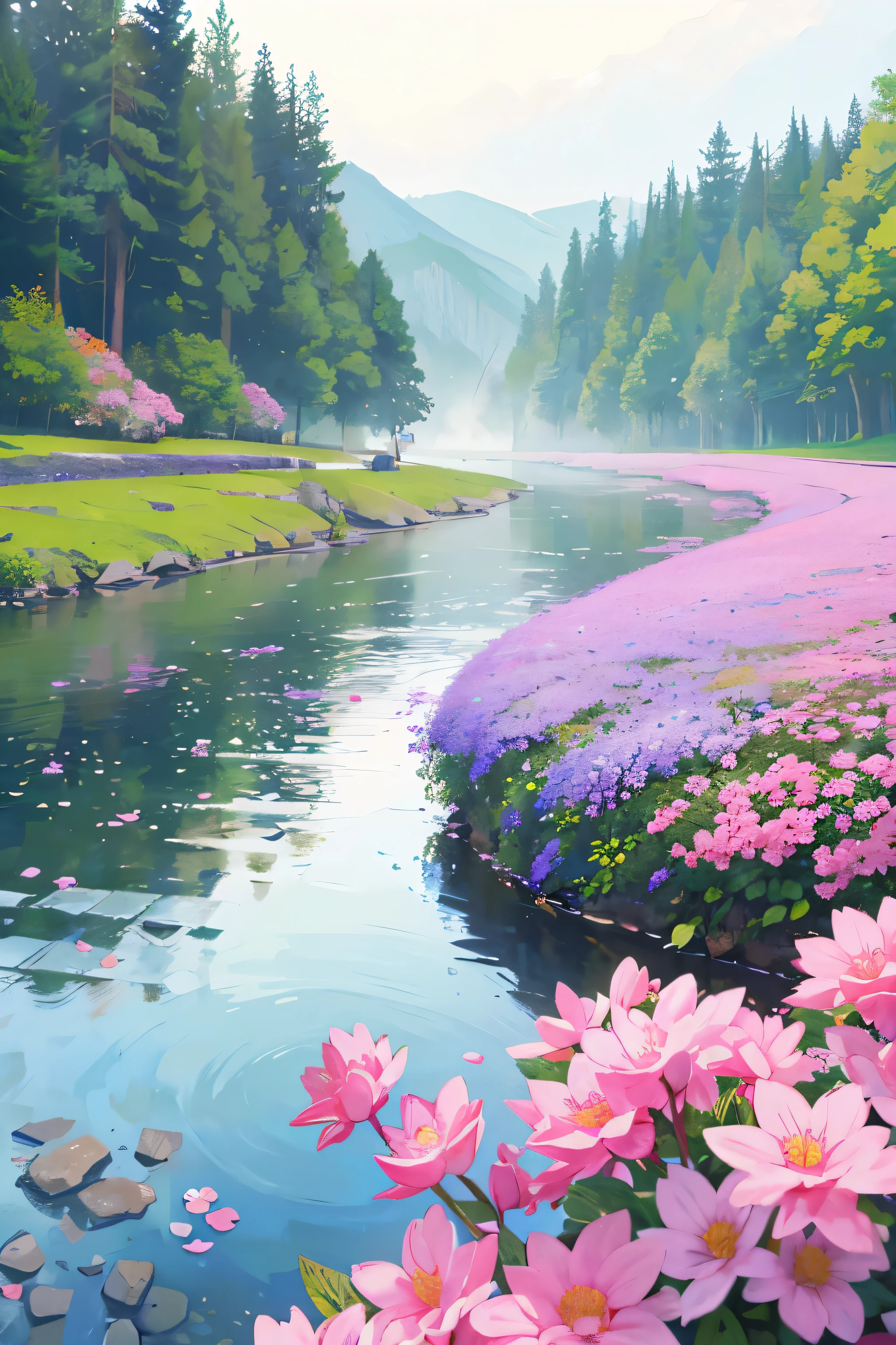 beautiful nature misty river view flowers