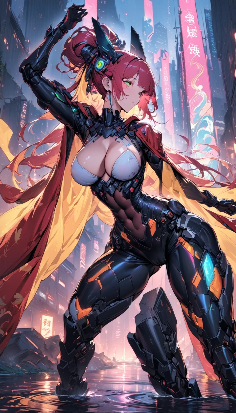 best quality,4k,8k,highres,masterpiece:1.2),ultra-detailed, extremely detailed eyes, extremely detailed body, (large masterpiece digital art), (detailed manga illustration), (detailed line art), ((perfect anatomy)), high quality, expressive eyes, full body, tall girl, detailed face, beautiful face, perfect face, breasts, cleavage, gloves, A photograph of mid-twenties Japanese female android made of shiny white and silver translucent glass and plastic, geisha makeup and hairstyle, silver metal internal body mechanisms, dynamic pose, flowing organic construction, glowing golden circuitry, colorful neon trim, glowing circuitry, neon trim, depth of field focus f/2.8, art by H.R. Giger, Greg Rutowski, bodysuit, thick thighs, toned, emblem, cinematic lighting, dynamic lighting, 4k resolution, dynamic pose, weapon, energy weapon, cover, mecha musume, fortified suit, mechanical parts, headgear, robot joints, bodysuit, deva battle suit, gloves,