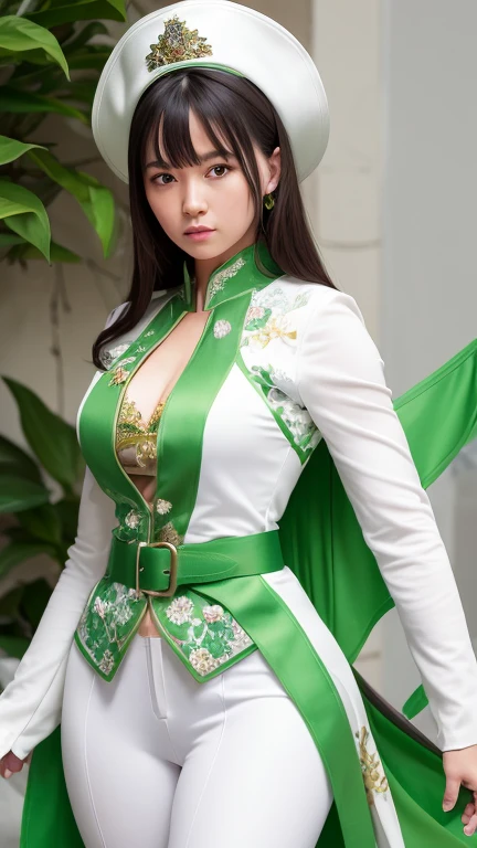 A female knight holding a sword in her right hand,She is wearing a white floral suit that exposes a bit of her midriff and tight fitting white pants.,She is wearing a green floral vest, I have gloves on my arms。She is wearing a green floral cloak, Green belt and white high heels,Wearing a white hat covering one eye