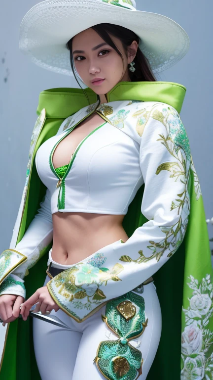 A female knight holding a sword in her right hand，She is wearing a white floral suit that exposes a bit of her midriff and tight fitting white pants.，She is wearing a green floral vest, I have gloves on my arms。She is wearing a green floral cloak, Green belt and white high heels，Wearing a white hat covering one eye