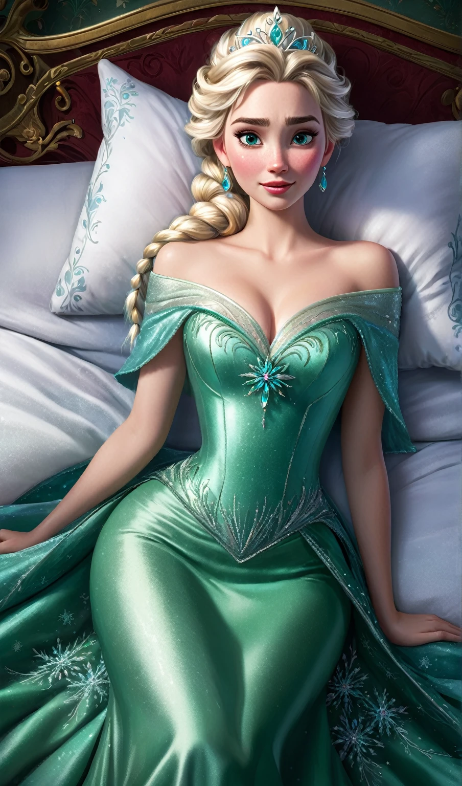 una mujer con un vestido verde sentada en una cama, un retrato de personaje de Eddie Mendoza, tendencia en artstation, fantasy art, retrato de elsa de arendelle, hermosa elsa, elsa de frozen, portrait of elsa de frozen, Elsa Congelada, Arte detallado de alta calidad 8k, elsa, fantasy art style, disney art style, regal pose, ((a beautiful fantasy empress))