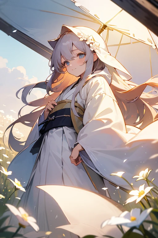 Loose、thin、Light, soft-colored hair、delicate、masterpiece、hoodie、cute、Light smile、Japanese、Clothes、beautiful、Full Color、chest、From below、Focus on the eyes、Long Hair、woman、young、Pale, gentle-colored eyes、Flower Field、thin
