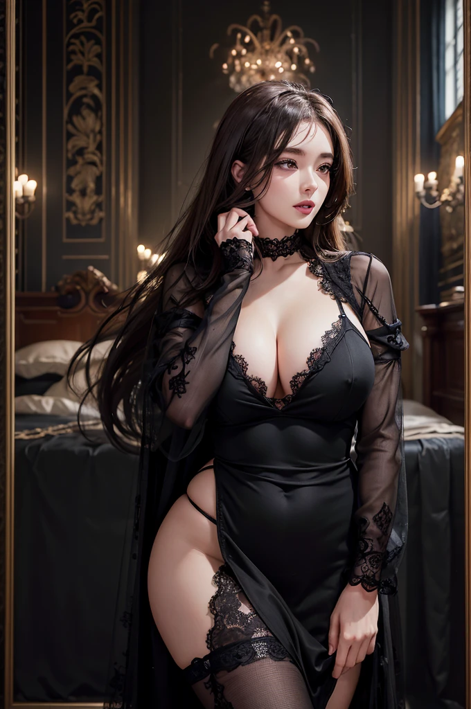 masterpiece, best resolution, Highly detailed photo of a woman, Wearing a black lace dress, 8k, raw photo, Model photo shoot, big ass, perfect body, 1 person, voluptuous body, perfect hands
