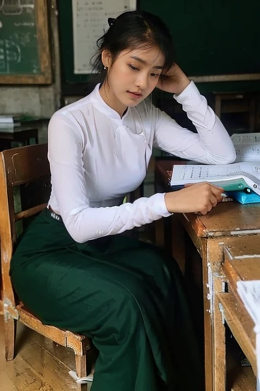 a 30 year old female school teacher in yangon myanmar, tall thin woman with big hips and breasts, black hair in bun, brown eyes, small lips, attractive, wearing white burmese blouse with long sleeves and buttoned at side, dark green long skirt, female burmese sandals, detailed face and features, realistic, photorealistic, 8k, high quality, masterpiece, cinematic lighting, vivid colors