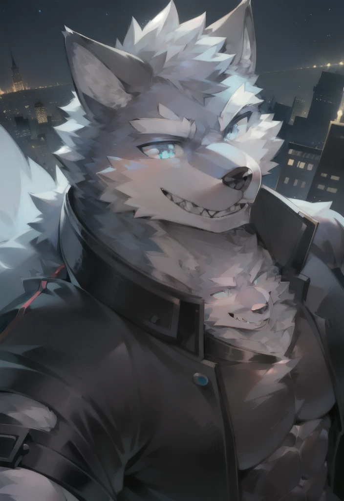 personal,Just not good, Muscular body, younger,Gray fur,Gray fur,body torn, Bustling night city background,Direct vision,smiling,Sharp teeth are exposed,Happy Mood,Beautiful night sky, Wear a loose black jacket,wolf furry character,blue eyes,very handsome