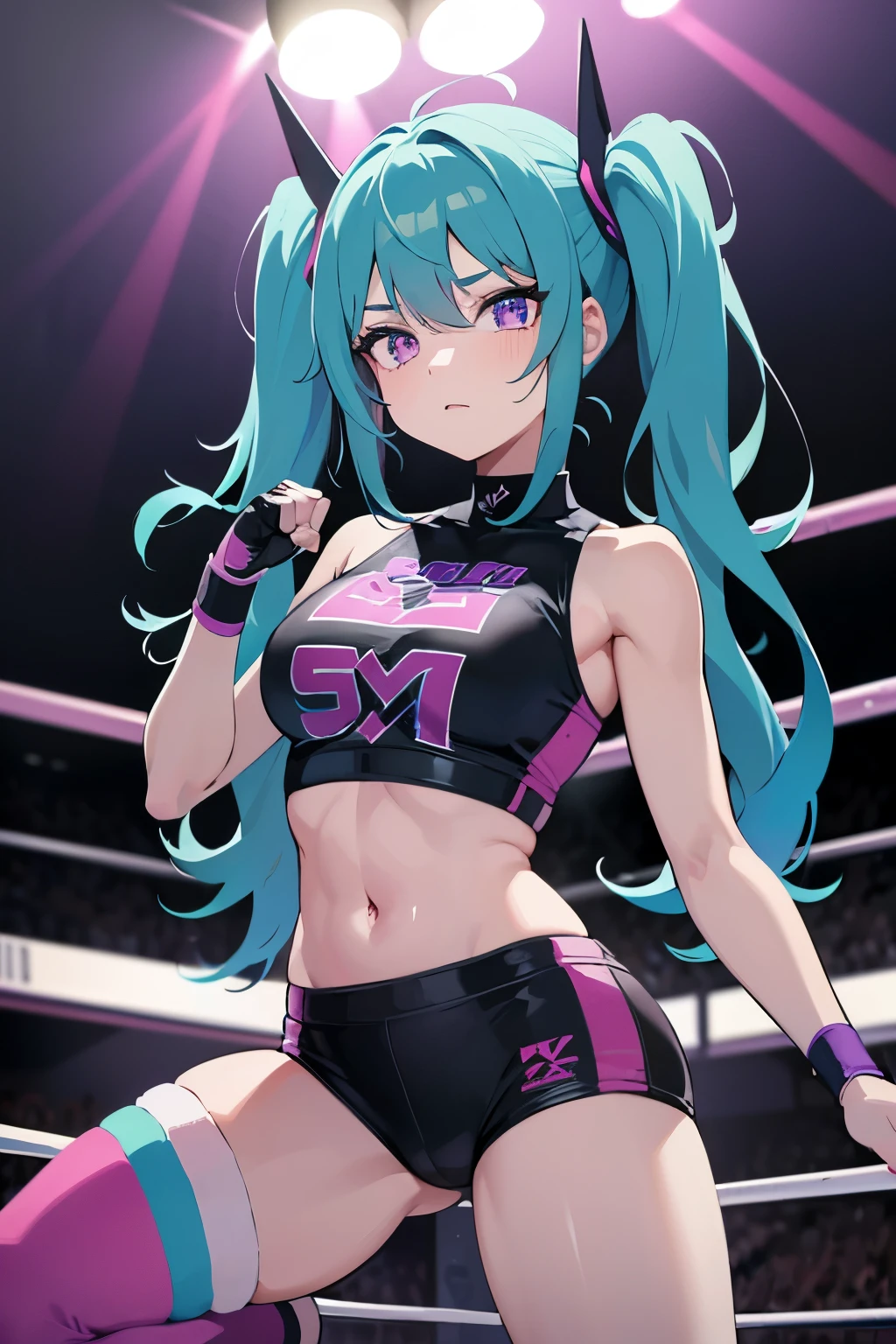 1girl, Wrestling ring, Exposed Midriff, violet eyes, turquoise hair with two high pigtails, turquoise and violet wrestler outfit, pale skin.