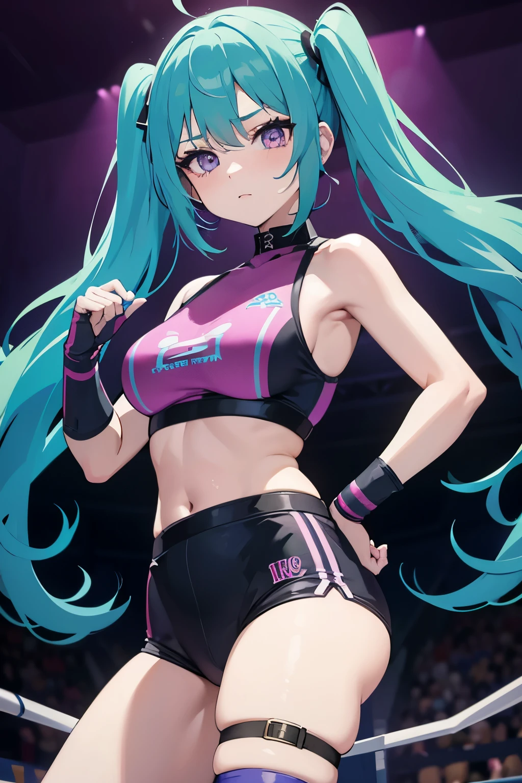 1girl, Wrestling ring, Exposed Midriff, violet eyes, turquoise hair with two high pigtails, turquoise and violet wrestler outfit, pale skin.