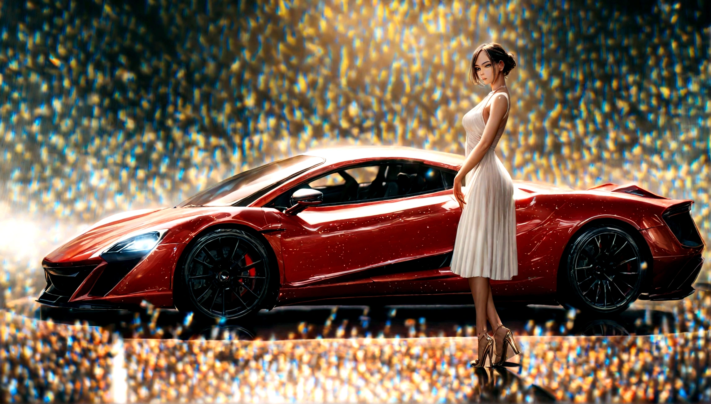 a beautiful girl in a tight dress posing next to a superdeportive car, hyper realistic, 8k, cinematic lighting, detailed facial features, photorealistic, volumetric lighting, dramatic shadows, highly detailed, intricate details, stunning, exquisite, flawless skin, elegant pose, impeccable fashion, glossy car paint, smooth metallic reflections, depth of field, cinematic framing