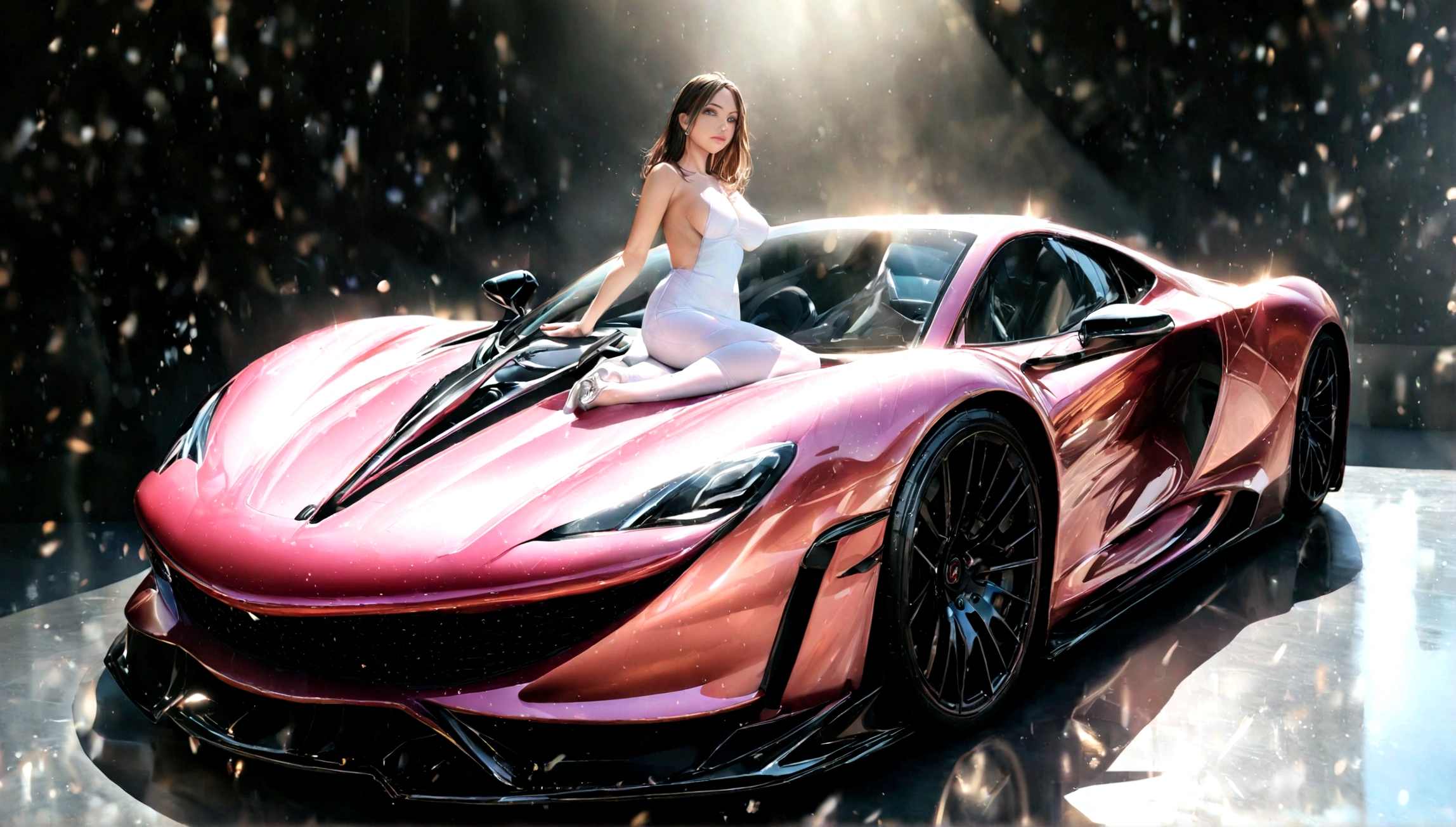 a beautiful girl in a tight dress posing next to a superdeportive car, hyper realistic, 8k, cinematic lighting, detailed facial features, photorealistic, volumetric lighting, dramatic shadows, highly detailed, intricate details, stunning, exquisite, flawless skin, elegant pose, impeccable fashion, glossy car paint, smooth metallic reflections, depth of field, cinematic framing
