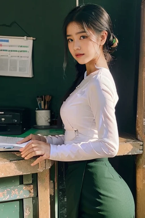 a 30 year old female school teacher in yangon myanmar, tall thin woman with big hips and breasts, black hair in bun, brown eyes, small lips, attractive, wearing white burmese blouse with long sleeves and buttoned at side, dark green long skirt, female burmese sandals, detailed face and features, realistic, photorealistic, 8k, high quality, masterpiece, cinematic lighting, vivid colors