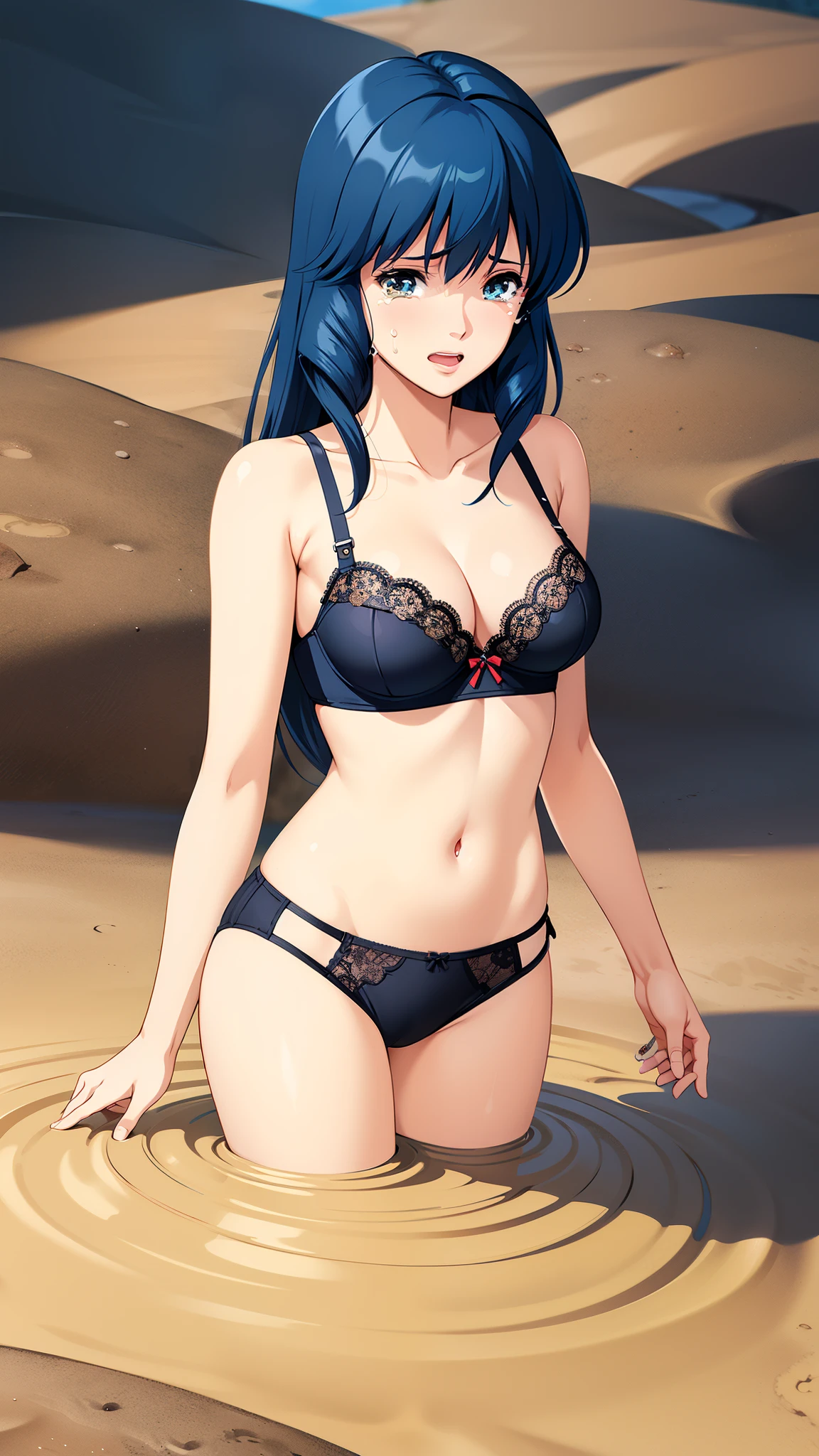 LynnMinmay, 1girl, solo, black hair, cowboy shot, ultra-detailed, best quality, masterpiece, illustration, game cg, lace bra, tears, crying, (quicksand:1.3)