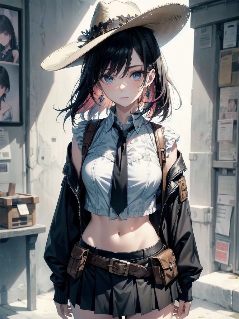 cowgirl costume, vest, cowboy hat, fingerless gloves, midriff, neckerchief, short skirt, holster, whole body shot, absurdres, RAW photo, extremely delicate, extremely beautiful, masterpiece, Best Quality, ultra high resolution, 32k, hyperrealistic, ultra-detailed description, perfect anatomy, correct body, ideal ratio of body proportions, colorful image, pale skin, 20 years old, detailed beautiful face, detailed beautiful face eyes, tearful mole, earring, short medium hair, black hair, medium tits,