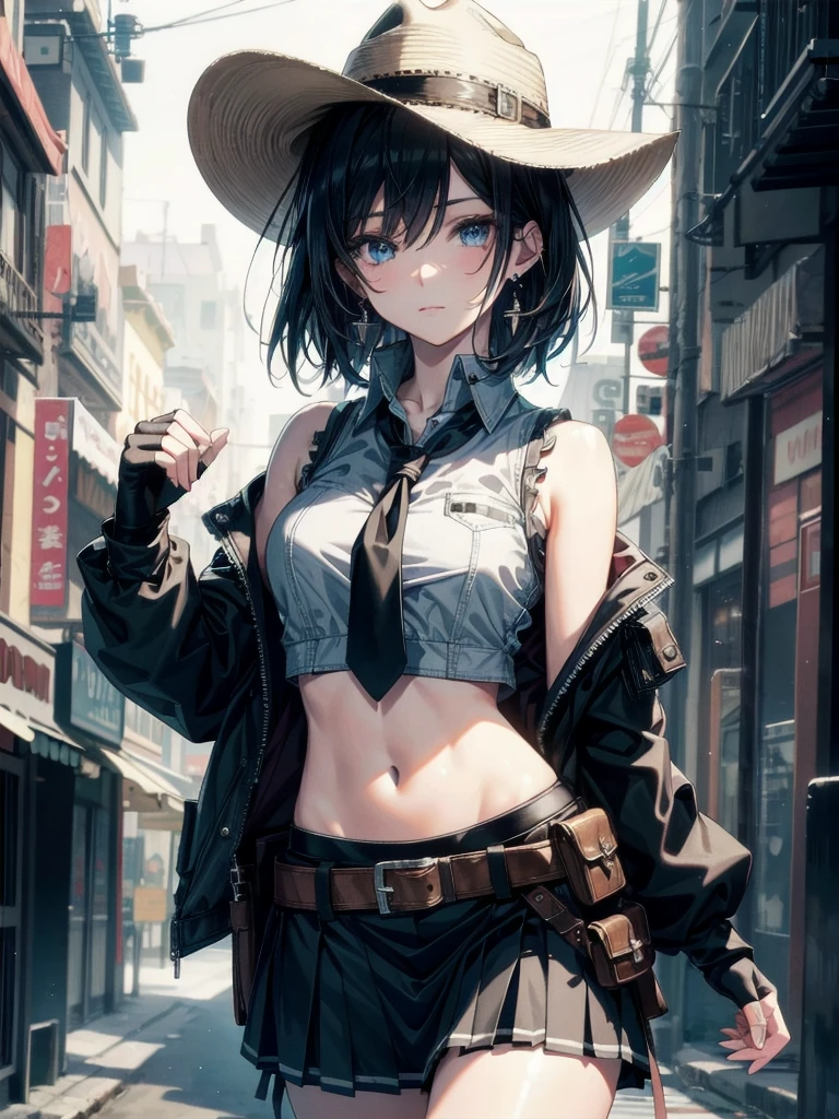 cowgirl costume, vest, cowboy hat, fingerless gloves, midriff, neckerchief, short skirt, holster, whole body shot, absurdres, RAW photo, extremely delicate, extremely beautiful, masterpiece, Best Quality, ultra high resolution, 32k, hyperrealistic, ultra-detailed description, perfect anatomy, correct body, ideal ratio of body proportions, colorful image, pale skin, 20 years old, detailed beautiful face, detailed beautiful face eyes, tearful mole, earring, short medium hair, black hair, medium tits,
