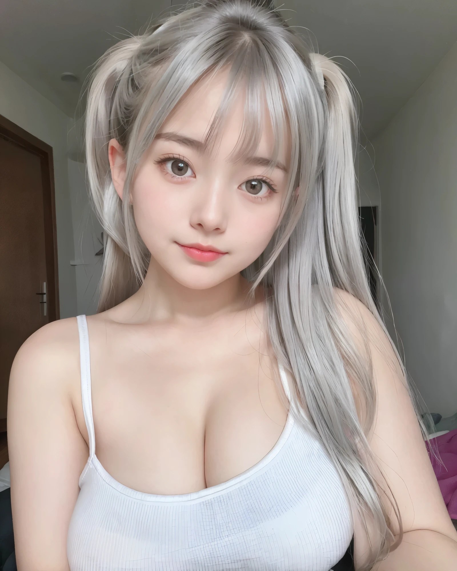 1 Girl, Beautiful, Baby Face, 20 Years Old, White Skin. Large Breasts. Cleavage. Mini tanktop, Skinny. in The Bedroom, Gurly Bedroom. Grey Hair, Silver Twintail. Sexy pose. ((adorable:1.1)), ((masterpiece:1.1)), Sleepy Cute Face. Ultra high res.photorealistic:1.4, UHD