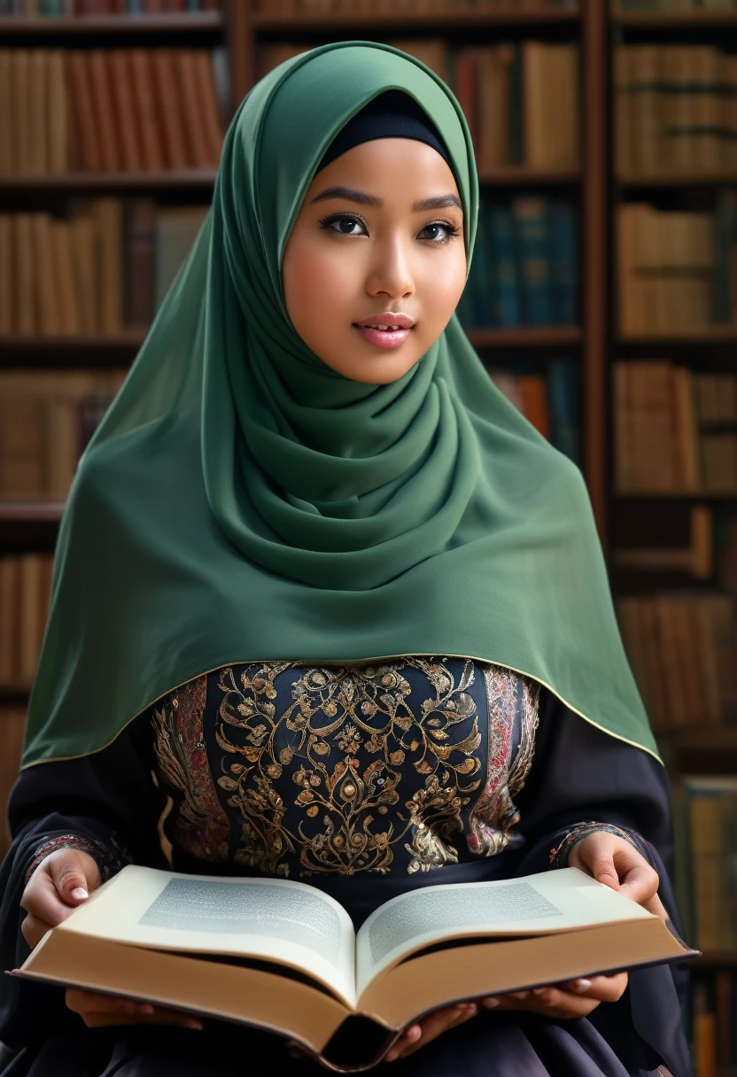 Produce an exceptionally detailed and lifelike scene portraying a young Malay girl, big boob, elegantly adorned in a hijab, immersed in a library. Her expression should reflect sheer surprise as magical fairies burst forth from the book she's reading. Strive for impeccable photorealism and an 8K resolution with a dynamic depth of field.