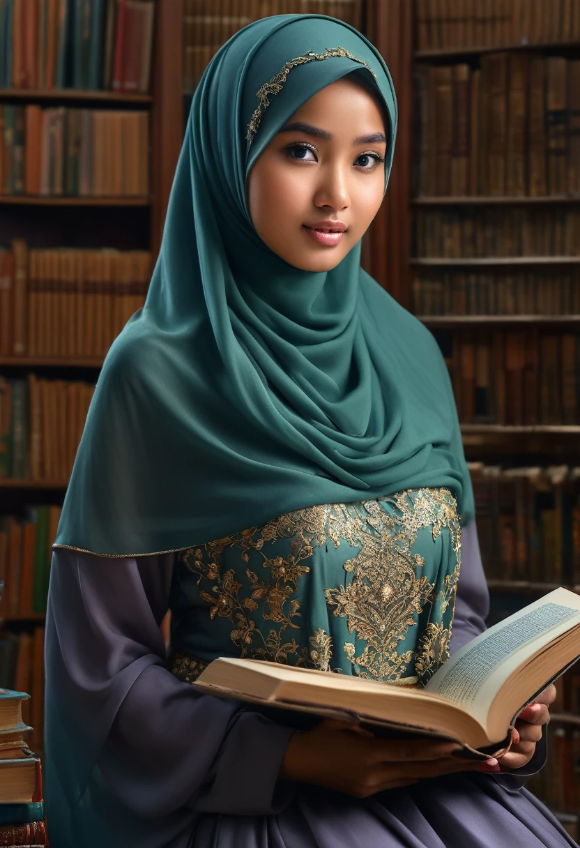 Produce an exceptionally detailed and lifelike scene portraying a young Malay girl, big boob, elegantly adorned in a hijab, immersed in a library. Her expression should reflect sheer surprise as magical fairies burst forth from the book she's reading. Strive for impeccable photorealism and an 8K resolution with a dynamic depth of field.