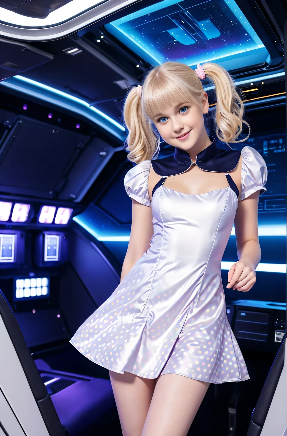 cute 19-year-old blond haired woman, gravure idol, pale white skin, happy, smiling, in twin tails, perfect blue eyes, pale goth skin, silky smooth skin, standing on a space ship, deep space, dark lighting, wearing a futuristic dress, pleated (chemise) mini dress (pastel rainbow colors, and polka dots), wearing full body pantyhose, cute short cut booties.