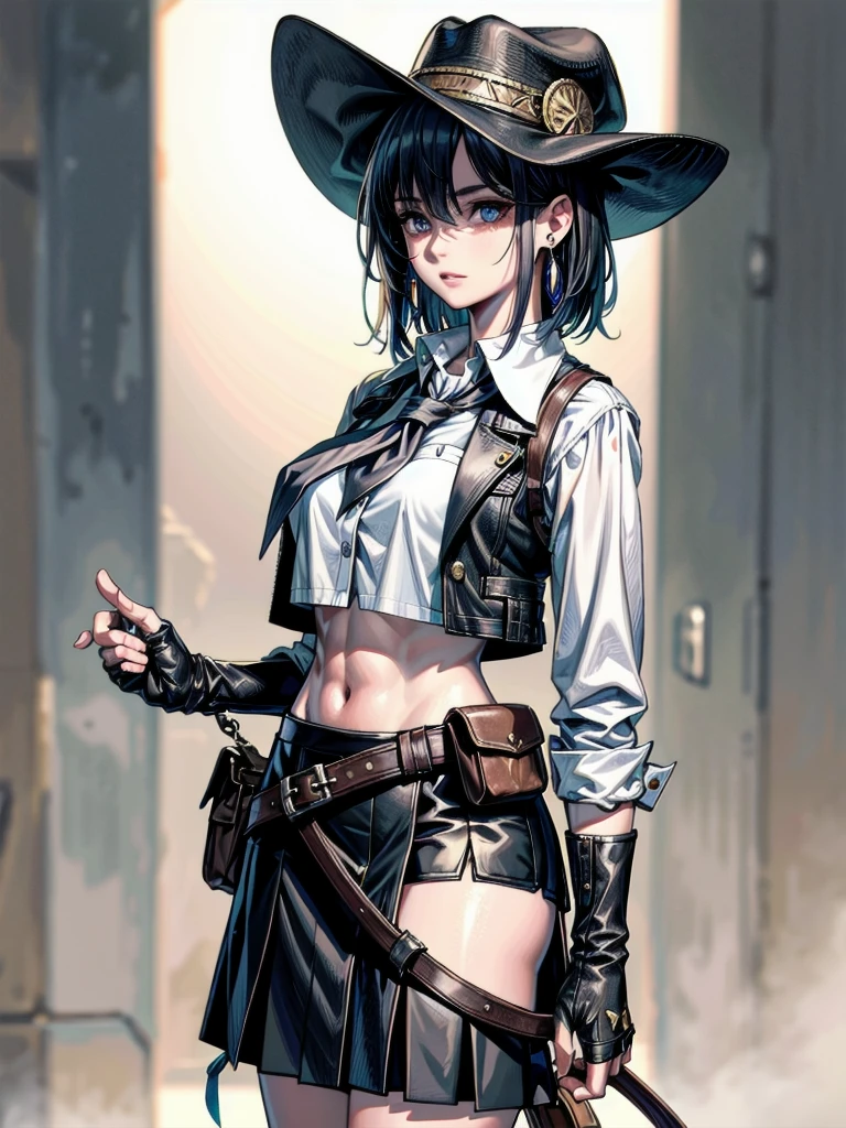 cowgirl costume, vest, cowboy hat, fingerless gloves, midriff, neckerchief, short skirt, holster, whole body shot, absurdres, RAW photo, extremely delicate, extremely beautiful, masterpiece, Best Quality, ultra high resolution, 32k, hyperrealistic, ultra-detailed description, perfect anatomy, correct body, ideal ratio of body proportions, colorful image, pale skin, 20 years old, detailed beautiful face, detailed beautiful face eyes, tearful mole, earring, short medium hair, black hair, medium tits,