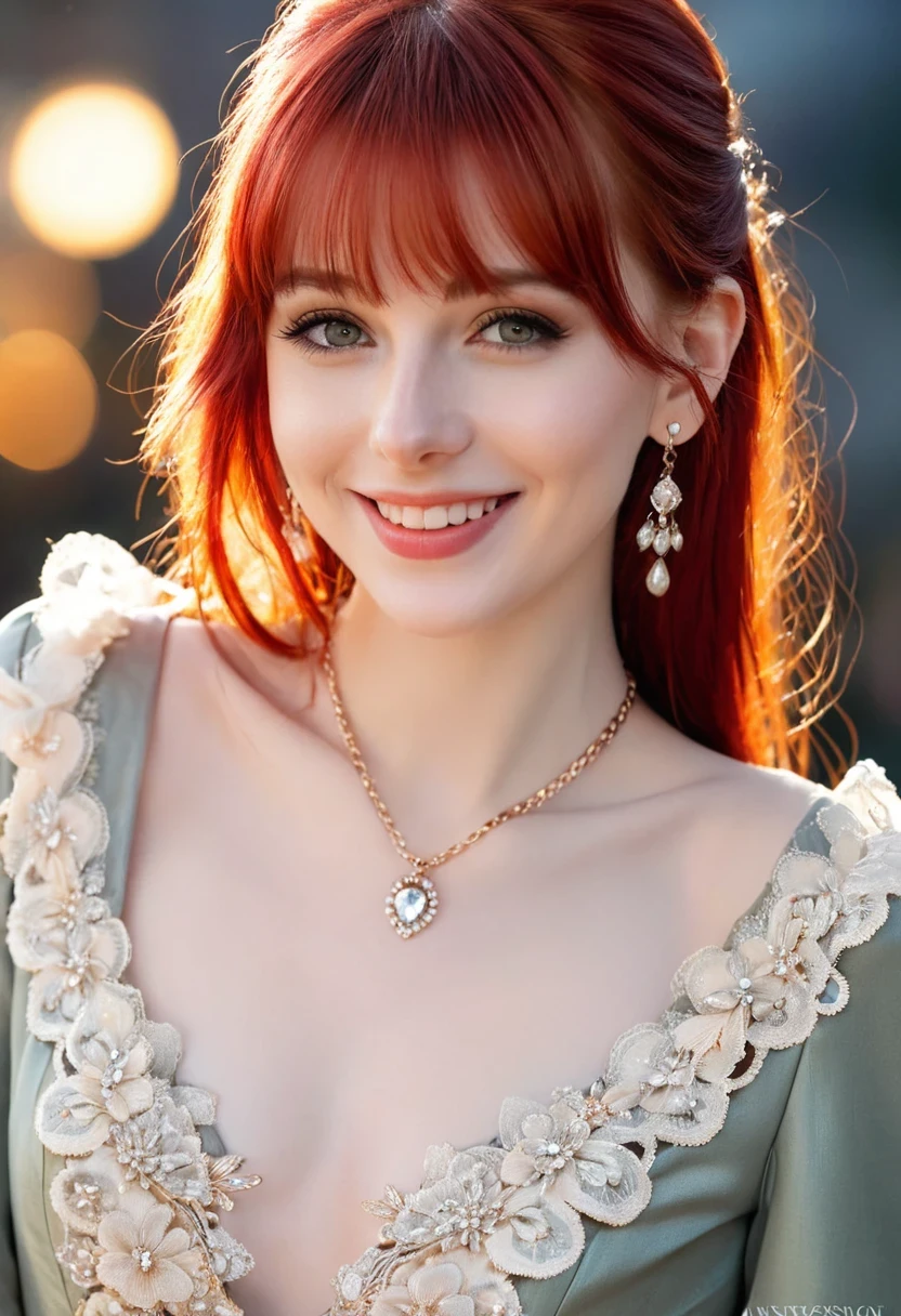 Beautiful, soft light, (beautiful and delicate eyes), very detailed, pale skin, big smile, (long hair), dreamy, medium chest, female 1, ((front shot)), bangs, fiery red hair, soft expression, elegant , Bright smile, 8k art photo, photorealistic concept art, realistic, person, small necklace, small earrings, fantasy, jewelry, shyness, dreamy soft image, skirt, shirt, jacket, color , (masterpiece:1.2), (best quality:1.2), ultra-detailed, best shadow, detailed background, high contrast, (best illumination, an extremely delicate and beautiful), ((cinematic light)), hyper detail, dramatic light, intricate details, 8k, very aesthetic,  photorealistic,